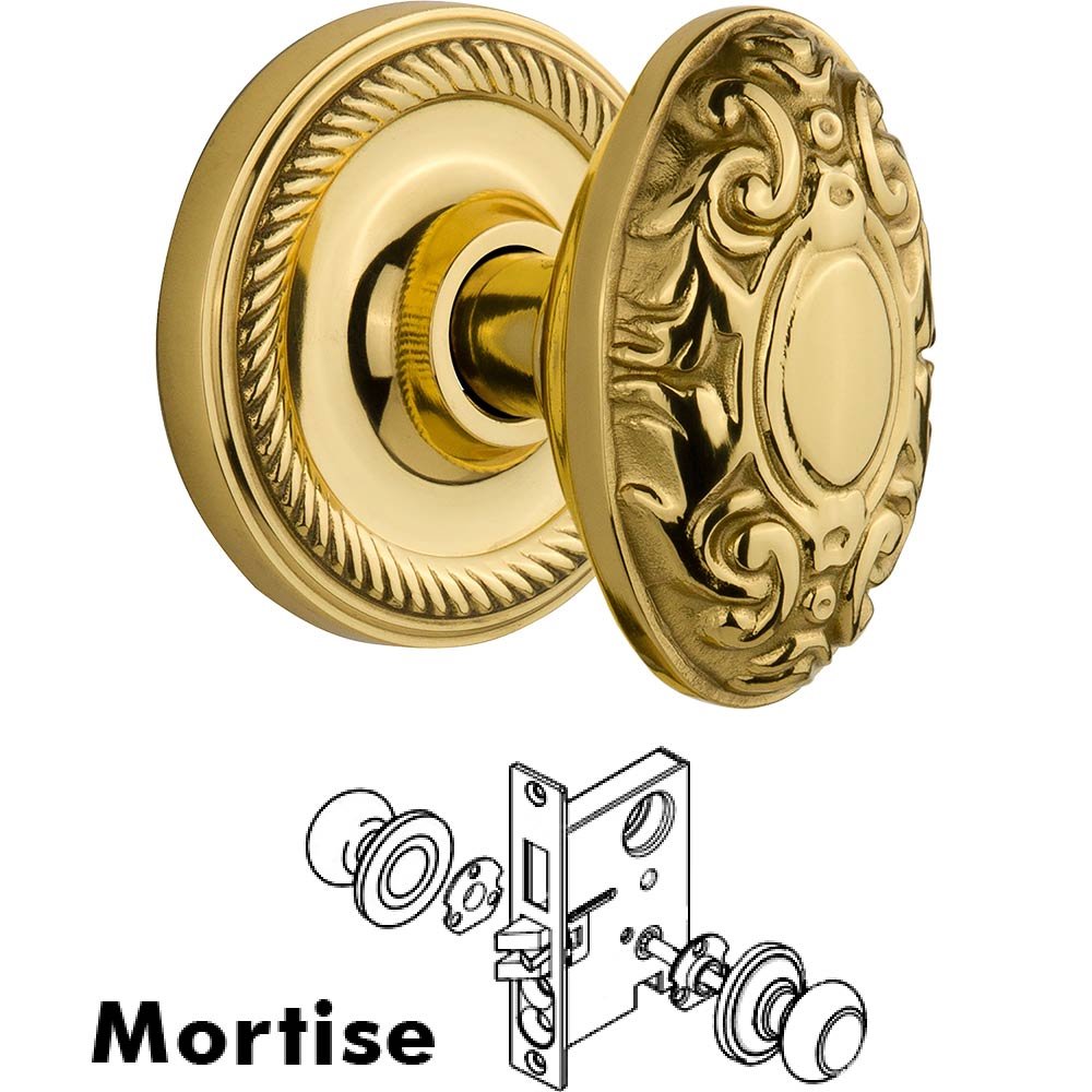 Mortise Rope Rosette with Victorian Knob and Keyhole in Unlacquered Brass
