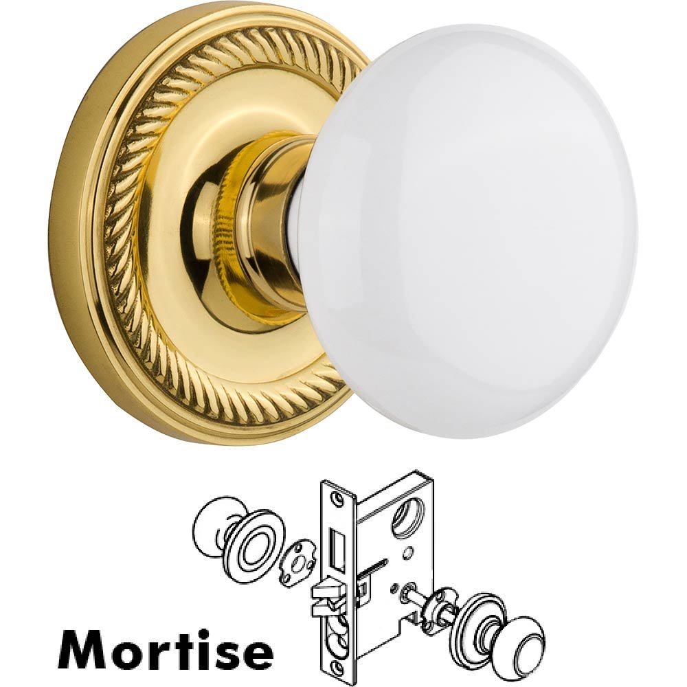 Mortise Rope Rosette with White Porcelain Knob and Keyhole in Unlacquered Brass