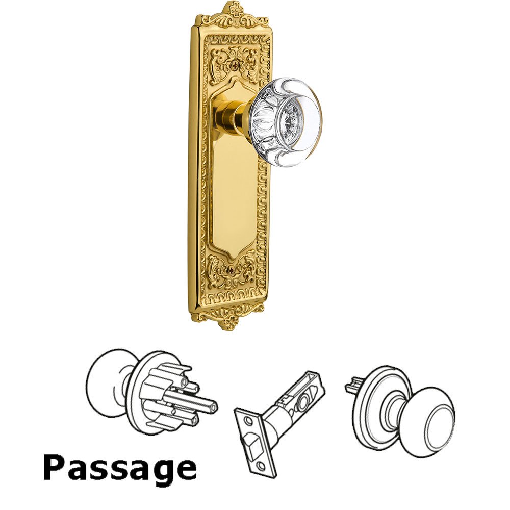 Passage Egg and Dart Plate with Round Clear Crystal Knob and Keyhole in Unlacquered Brass