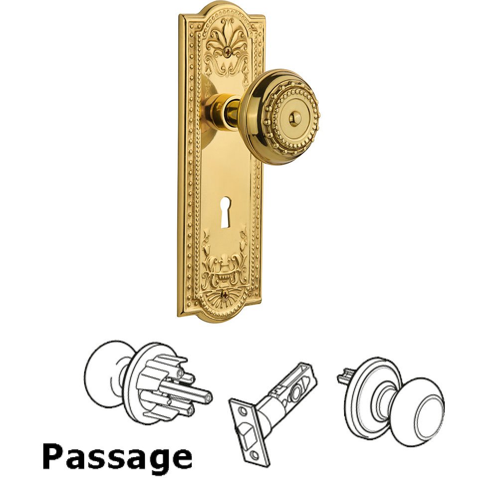 Passage Meadows Plate with Keyhole and Meadows Door Knob in Unlacquered Brass