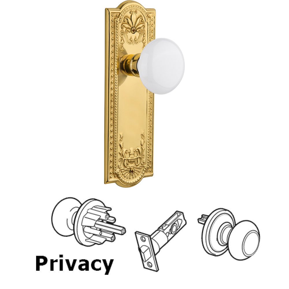 Privacy Meadows Plate with White Porcelain Door Knob in Unlacquered Brass
