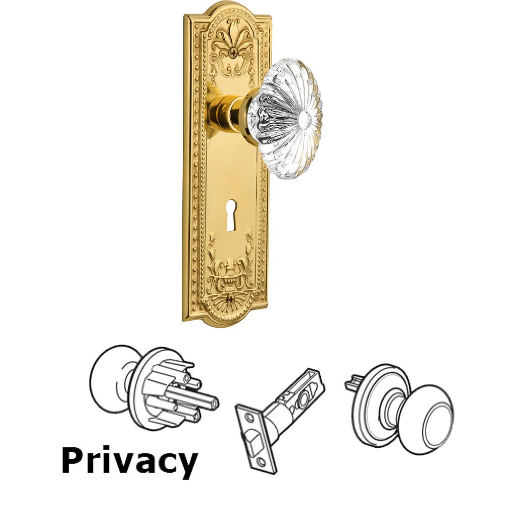 Privacy Meadows Plate with Oval Fluted Crystal Knob and Keyhole in Unlacquered Brass