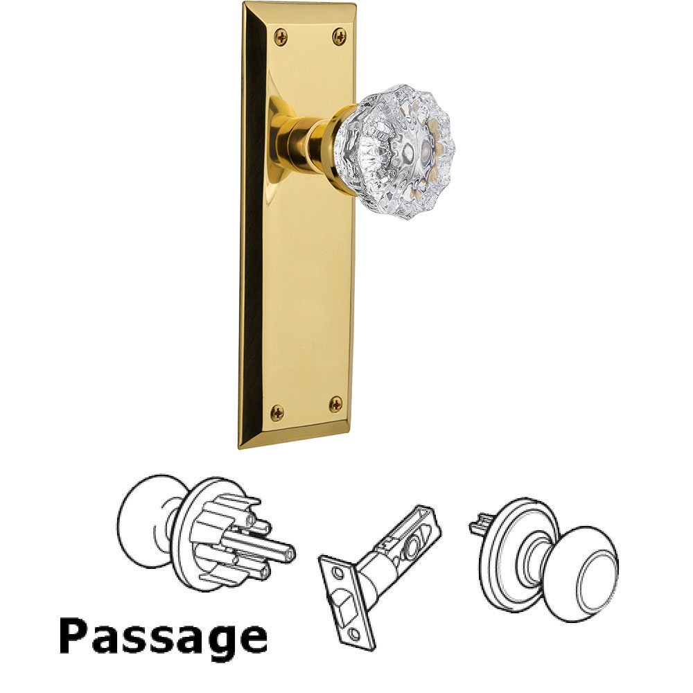 Passage New York Plate with Crystal Glass Door Knob in Unlacquered Brass