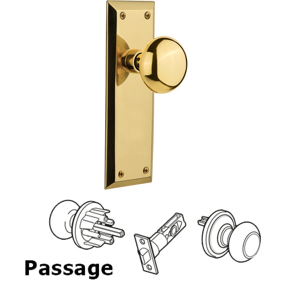 Passage New York Plate with New York Door Knob in Unlacquered Brass