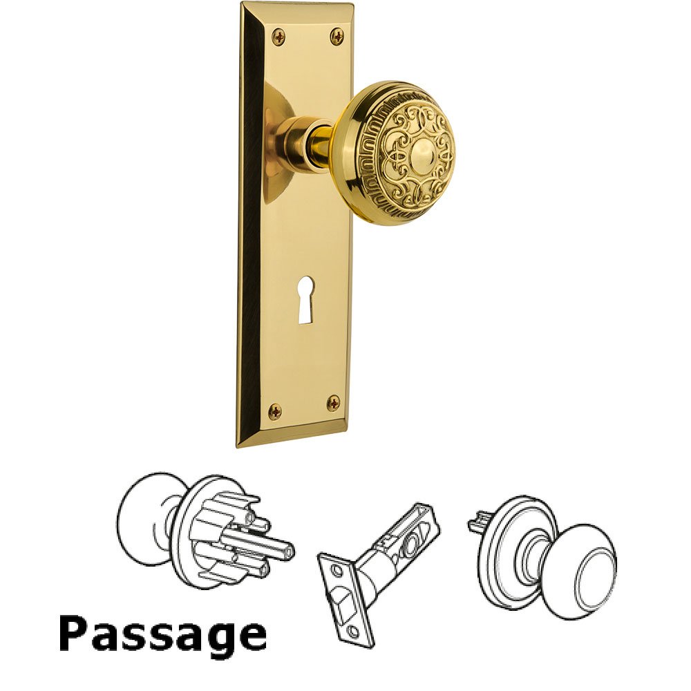 Passage New York Plate with Keyhole and Egg & Dart Door Knob in Unlacquered Brass