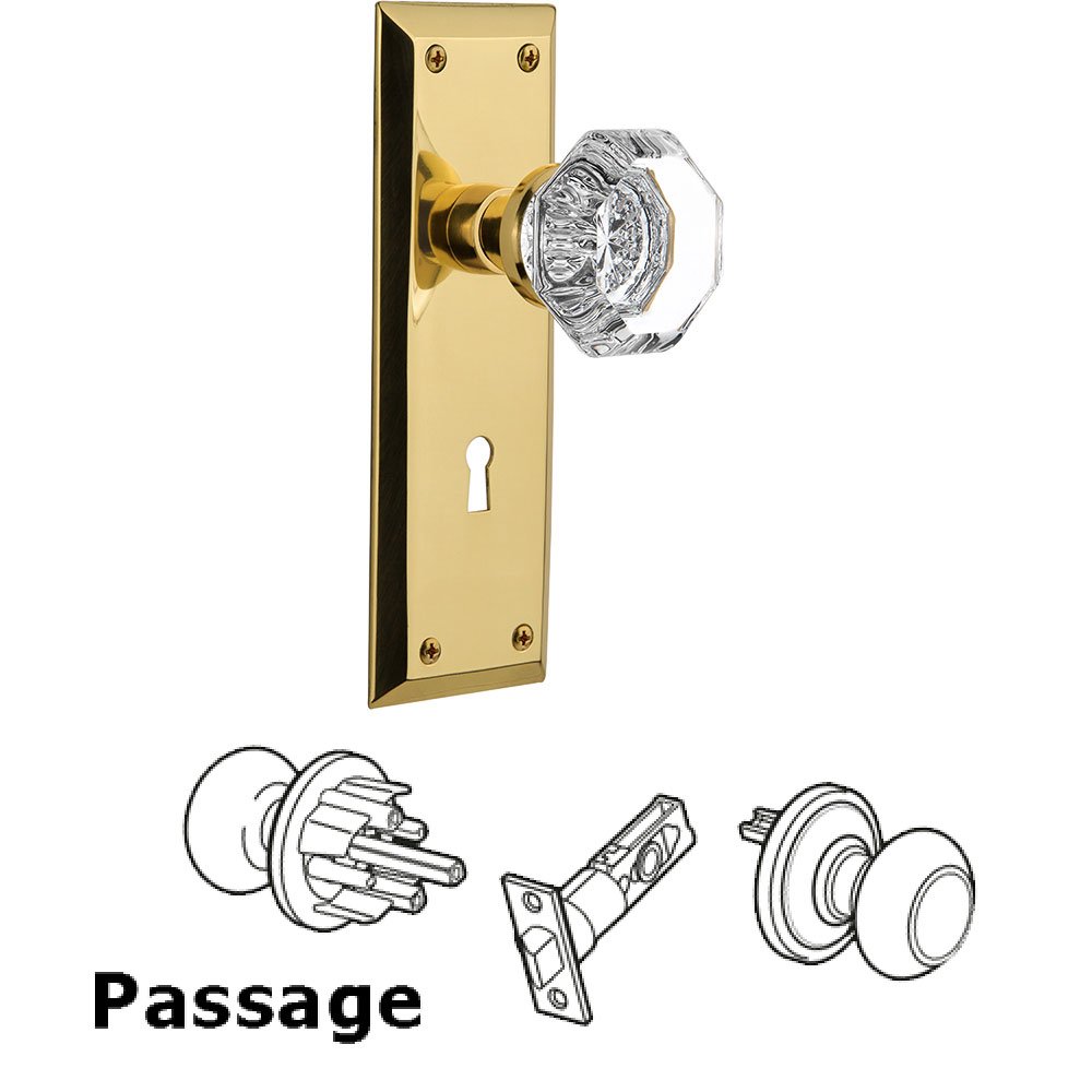 Passage New York Plate with Keyhole and Waldorf Door Knob in Unlacquered Brass