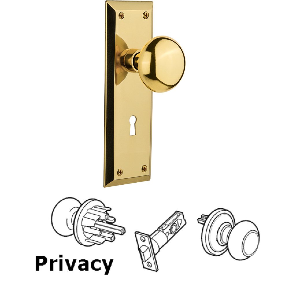 Privacy New York Plate with Keyhole and New York Door Knob in Unlacquered Brass