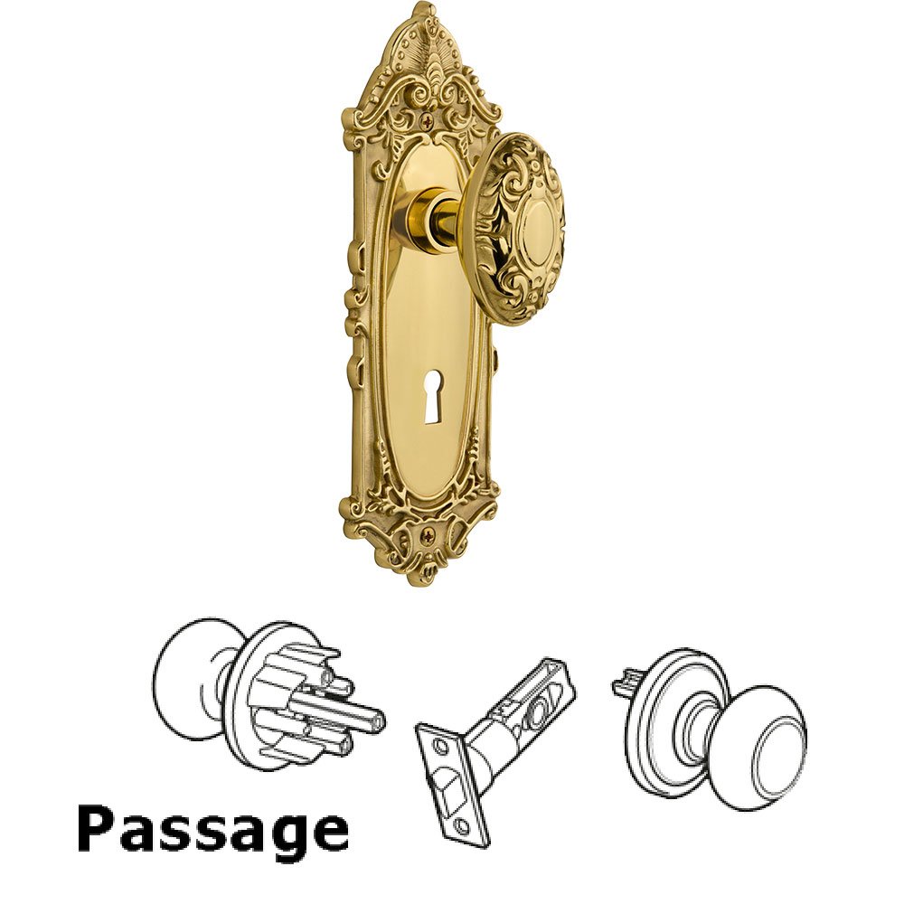 Passage Victorian Plate with Victorian Knob and Keyhole in Unlacquered Brass