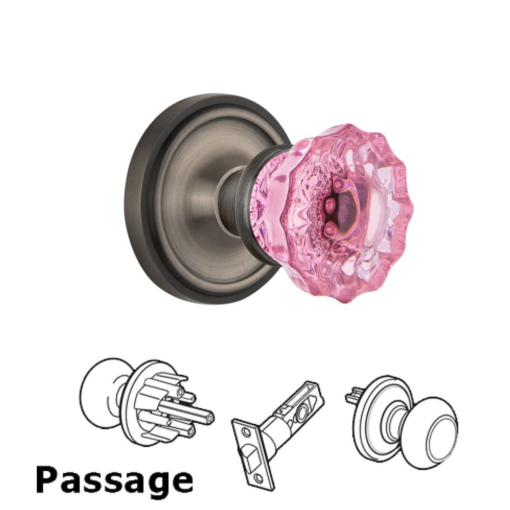 Nostalgic Warehouse - Passage - Classic Rose Crystal Pink Glass Door Knob in Antique Pewter