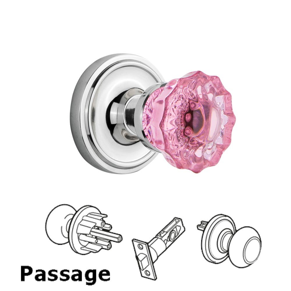 Nostalgic Warehouse - Passage - Classic Rose Crystal Pink Glass Door Knob in Bright Chrome