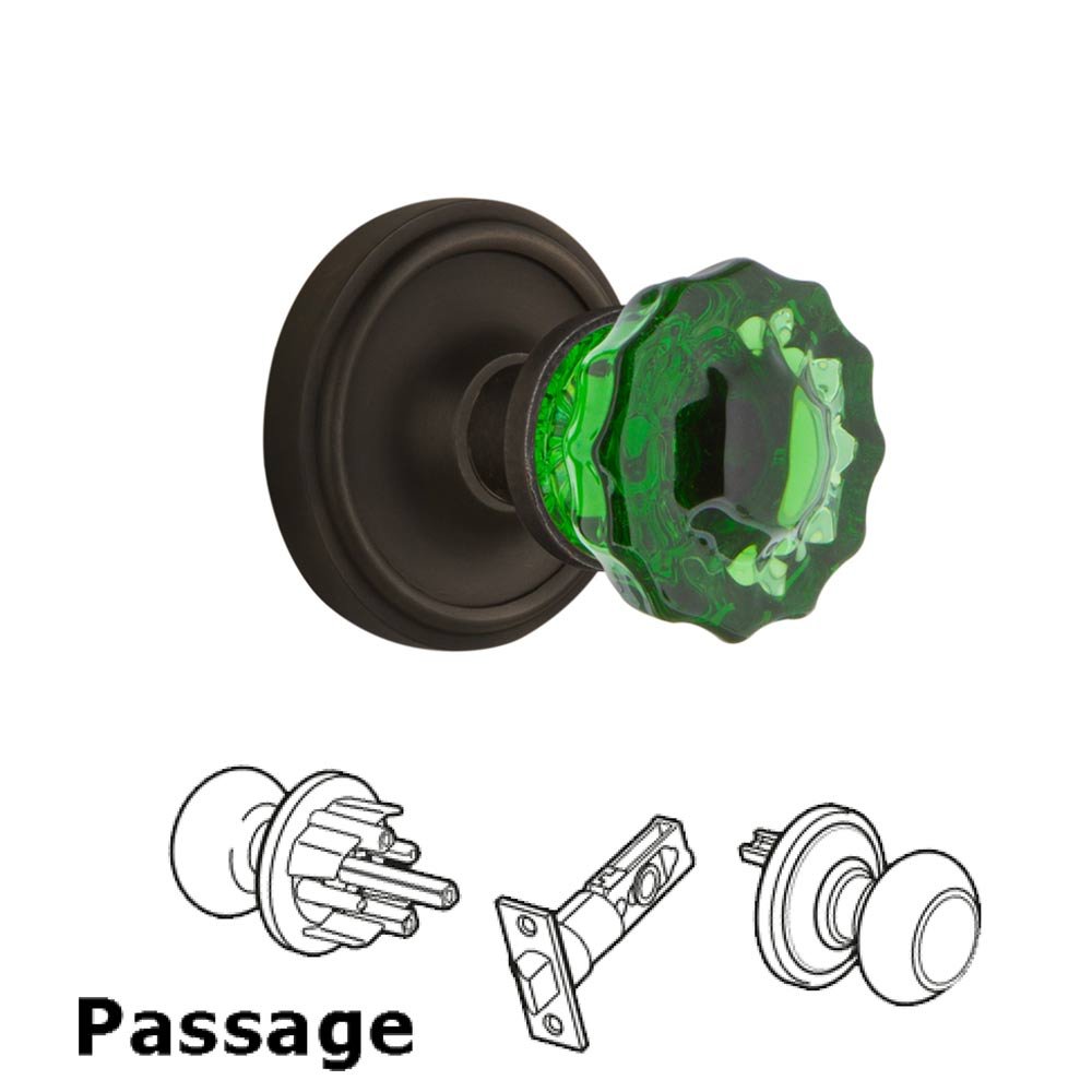 Nostalgic Warehouse - Passage - Classic Rose Crystal Emerald Glass Door Knob in Oil-Rubbed Bronze