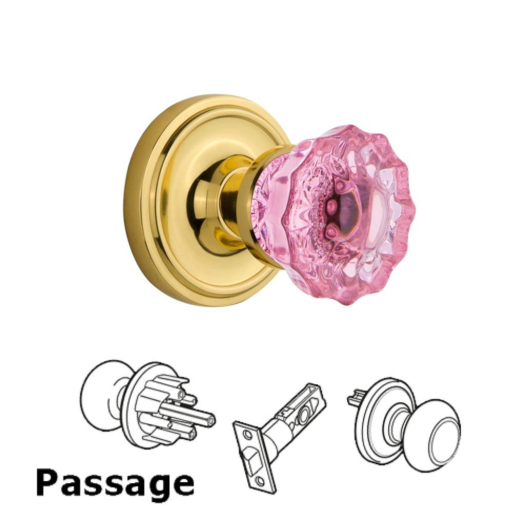 Nostalgic Warehouse - Passage - Classic Rose Crystal Pink Glass Door Knob in Polished Brass