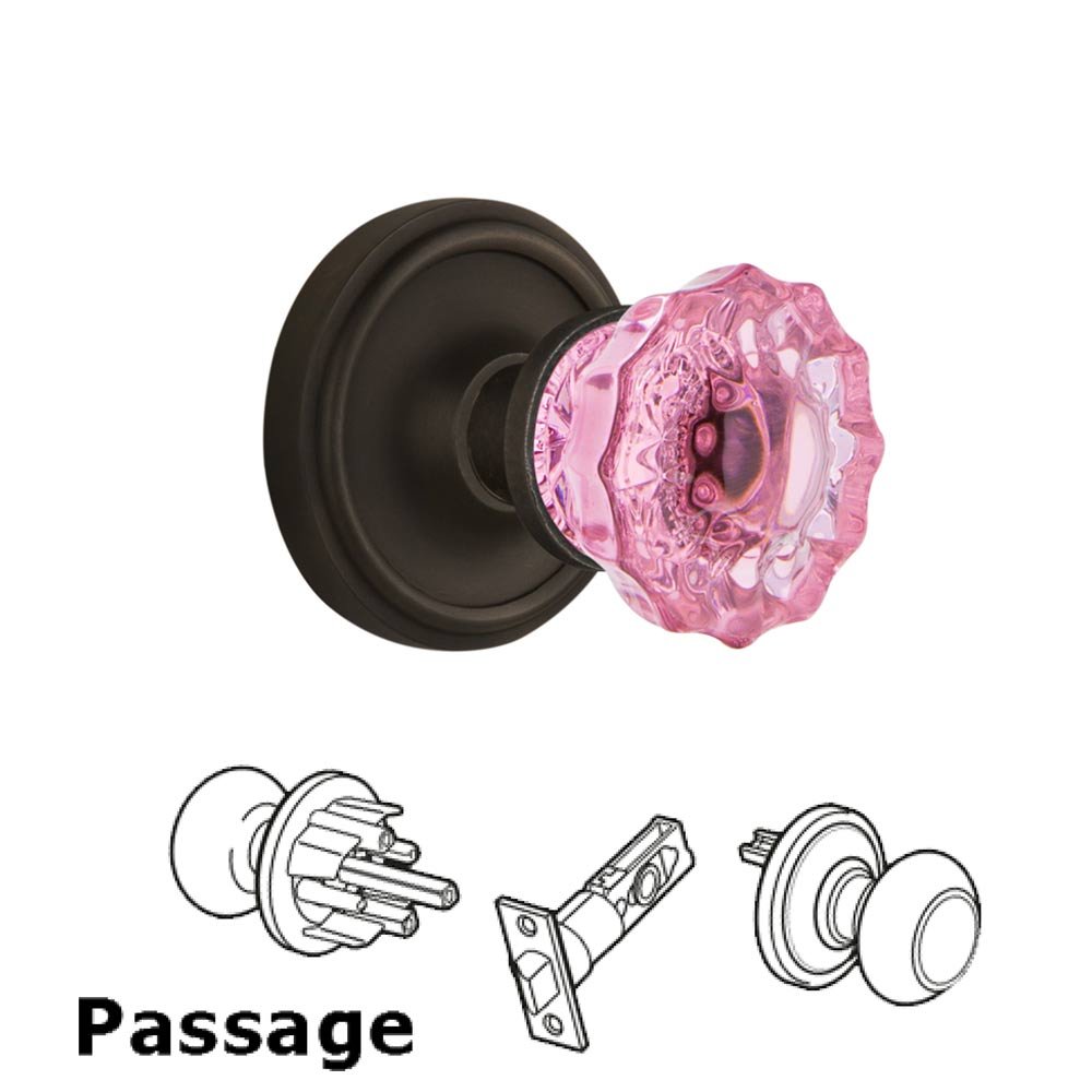 Nostalgic Warehouse - Passage - Classic Rose Crystal Pink Glass Door Knob in Oil-Rubbed Bronze