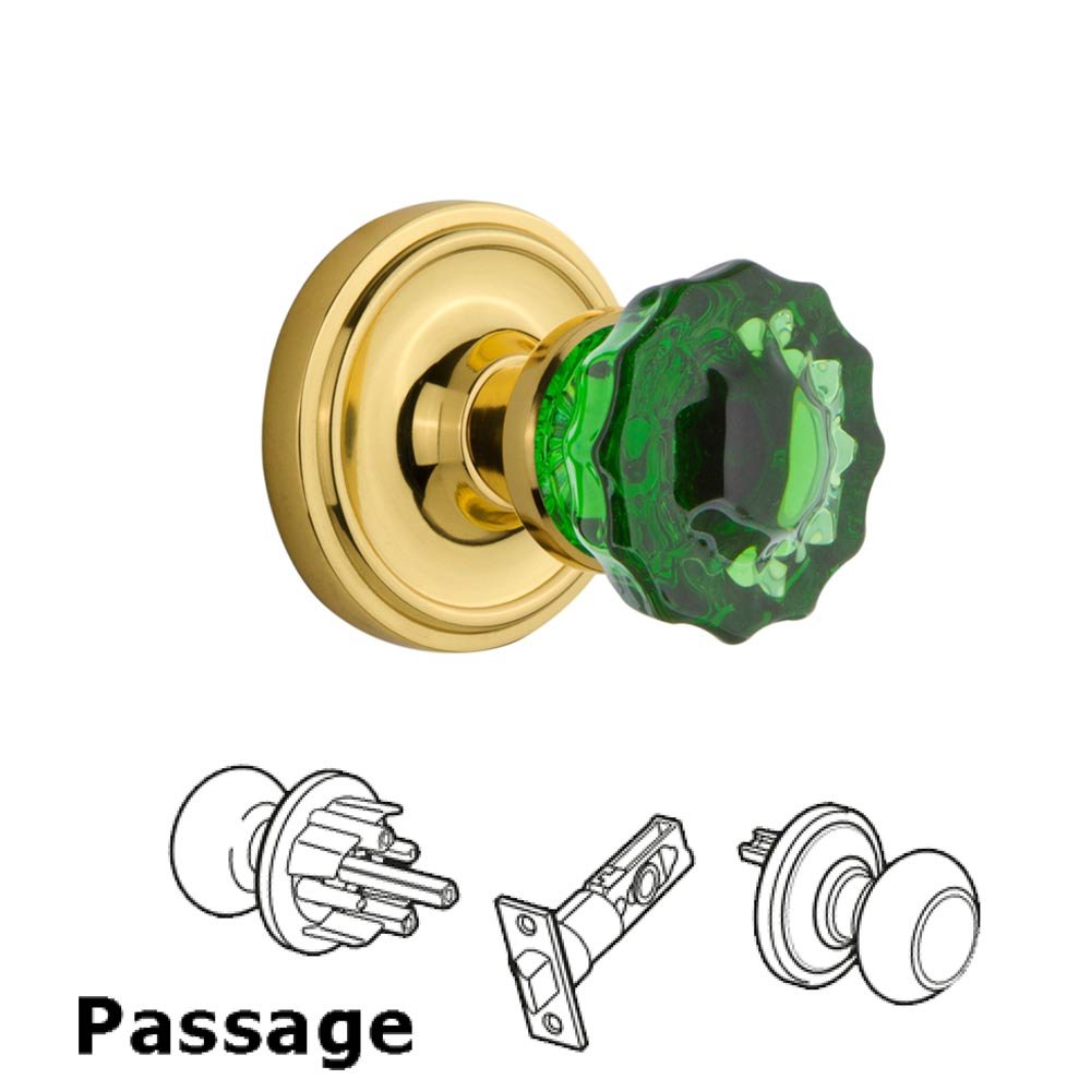 Nostalgic Warehouse - Passage - Classic Rose Crystal Emerald Glass Door Knob in Polished Brass