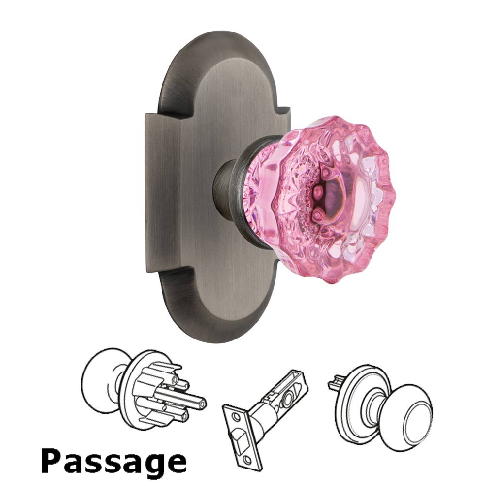 Nostalgic Warehouse - Passage - Cottage Plate Crystal Pink Glass Door Knob in Antique Pewter