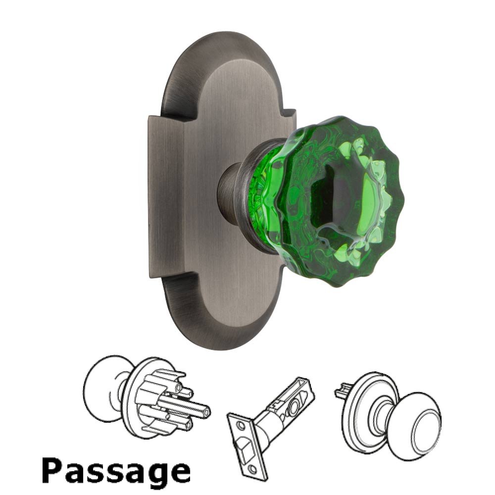 Nostalgic Warehouse - Passage - Cottage Plate Crystal Emerald Glass Door Knob in Antique Pewter