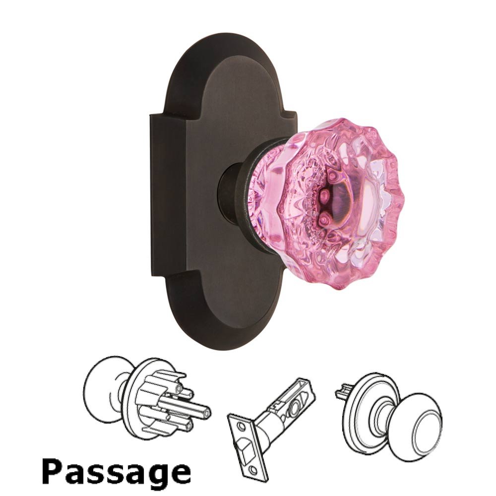Nostalgic Warehouse - Passage - Cottage Plate Crystal Pink Glass Door Knob in Oil-Rubbed Bronze