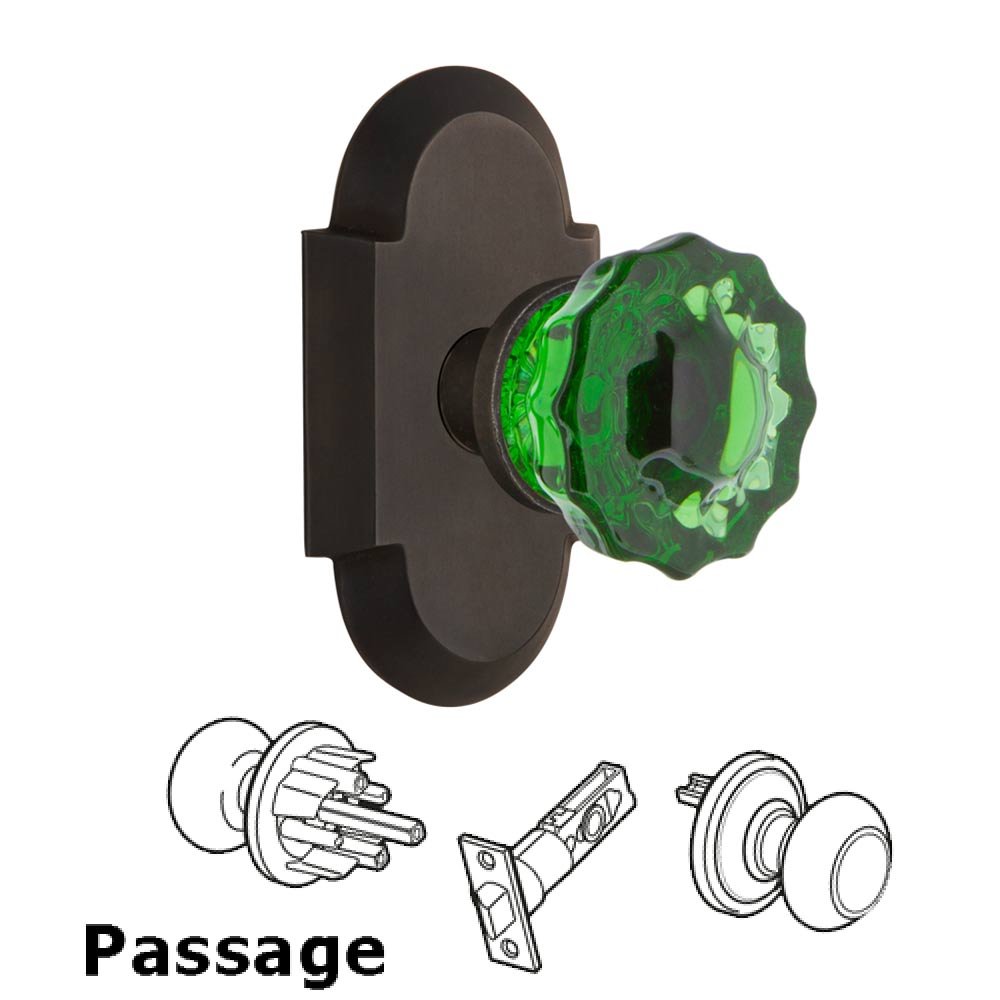 Nostalgic Warehouse - Passage - Cottage Plate Crystal Emerald Glass Door Knob in Oil-Rubbed Bronze