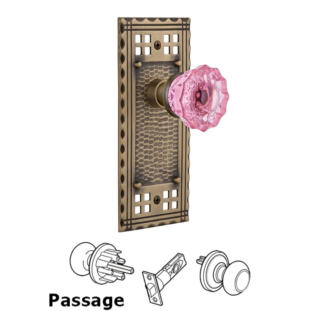 Passage Craftsman Plate Crystal Pink Glass Door Knob in Antique Brass