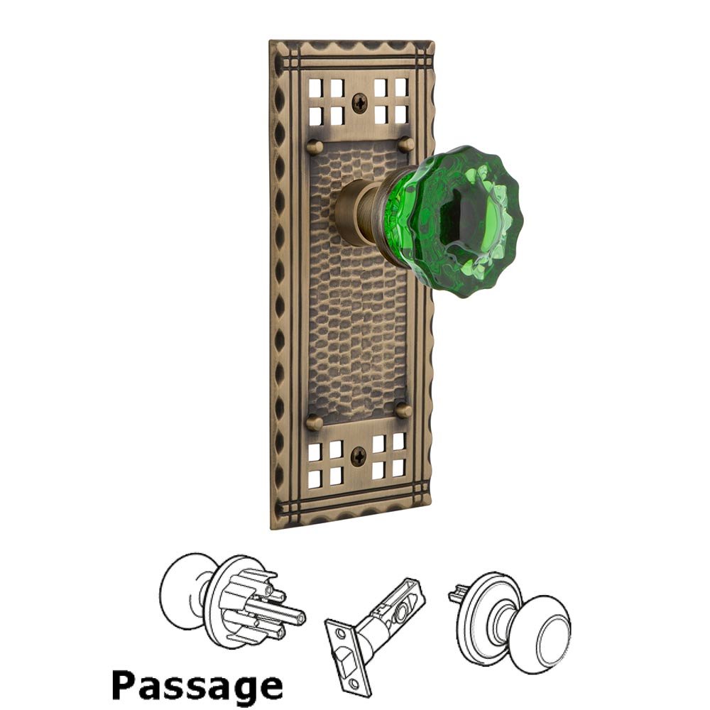 Passage Craftsman Plate Crystal Emerald Glass Door Knob in Antique Brass