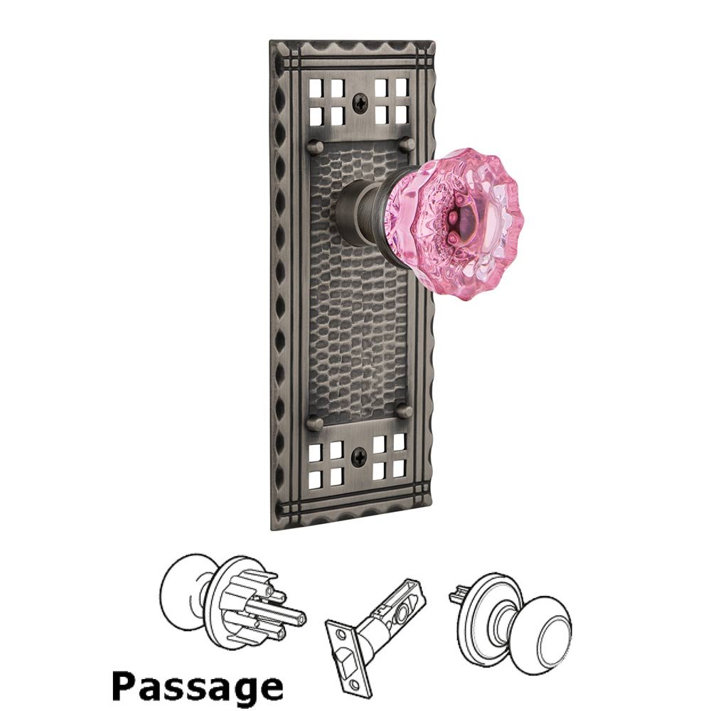 Passage Craftsman Plate Crystal Pink Glass Door Knob in Antique Pewter