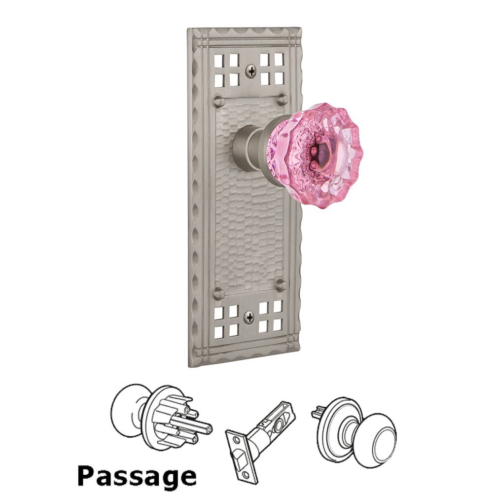 Passage Craftsman Plate Crystal Pink Glass Door Knob in Satin Nickel