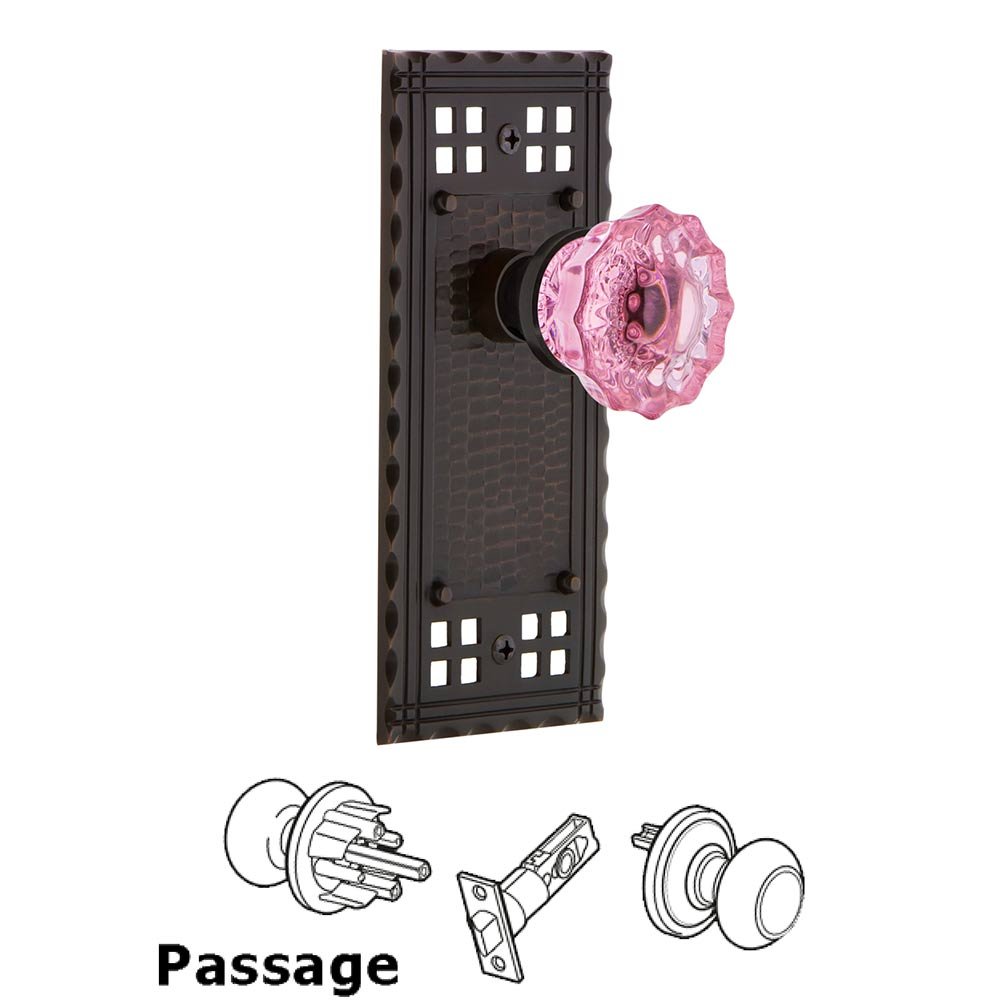 Passage Craftsman Plate Crystal Pink Glass Door Knob in Timeless Bronze