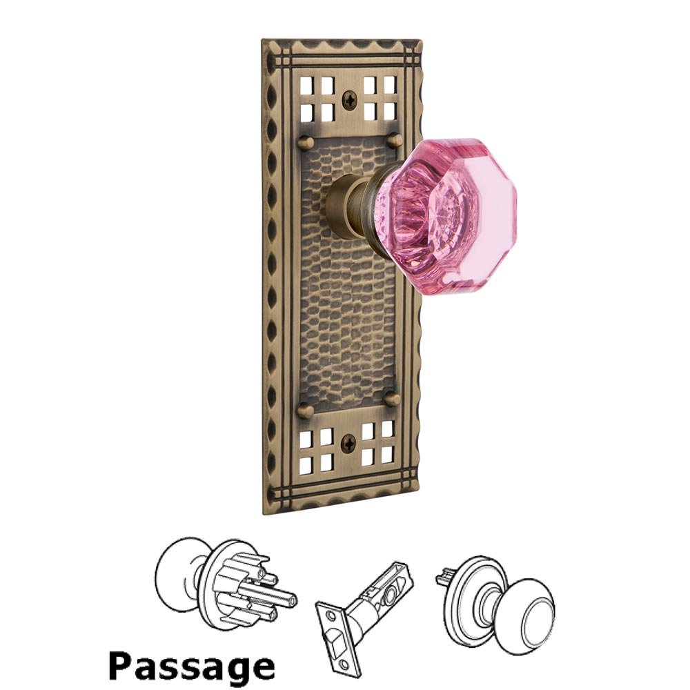 Passage Craftsman Plate Waldorf Pink Door Knob in Antique Brass