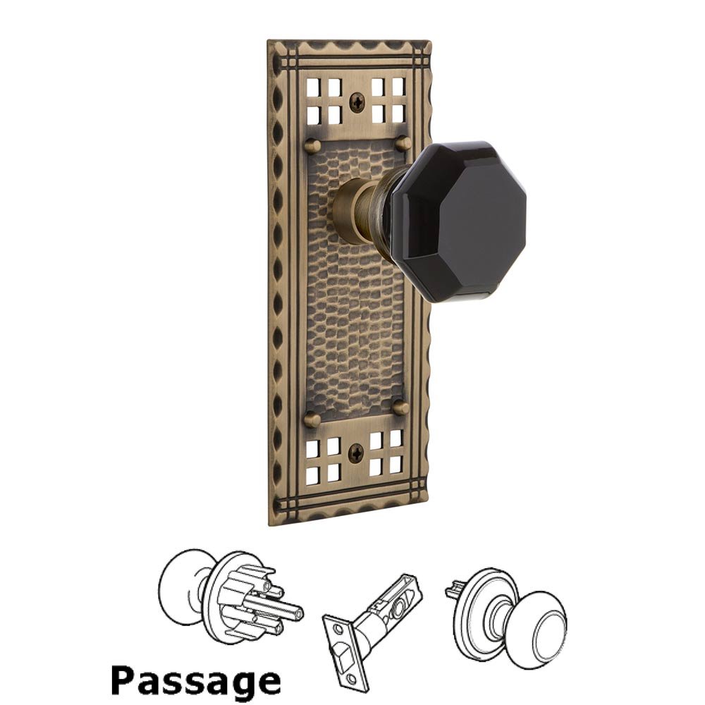 Passage Craftsman Plate Waldorf Black Door Knob in Antique Brass