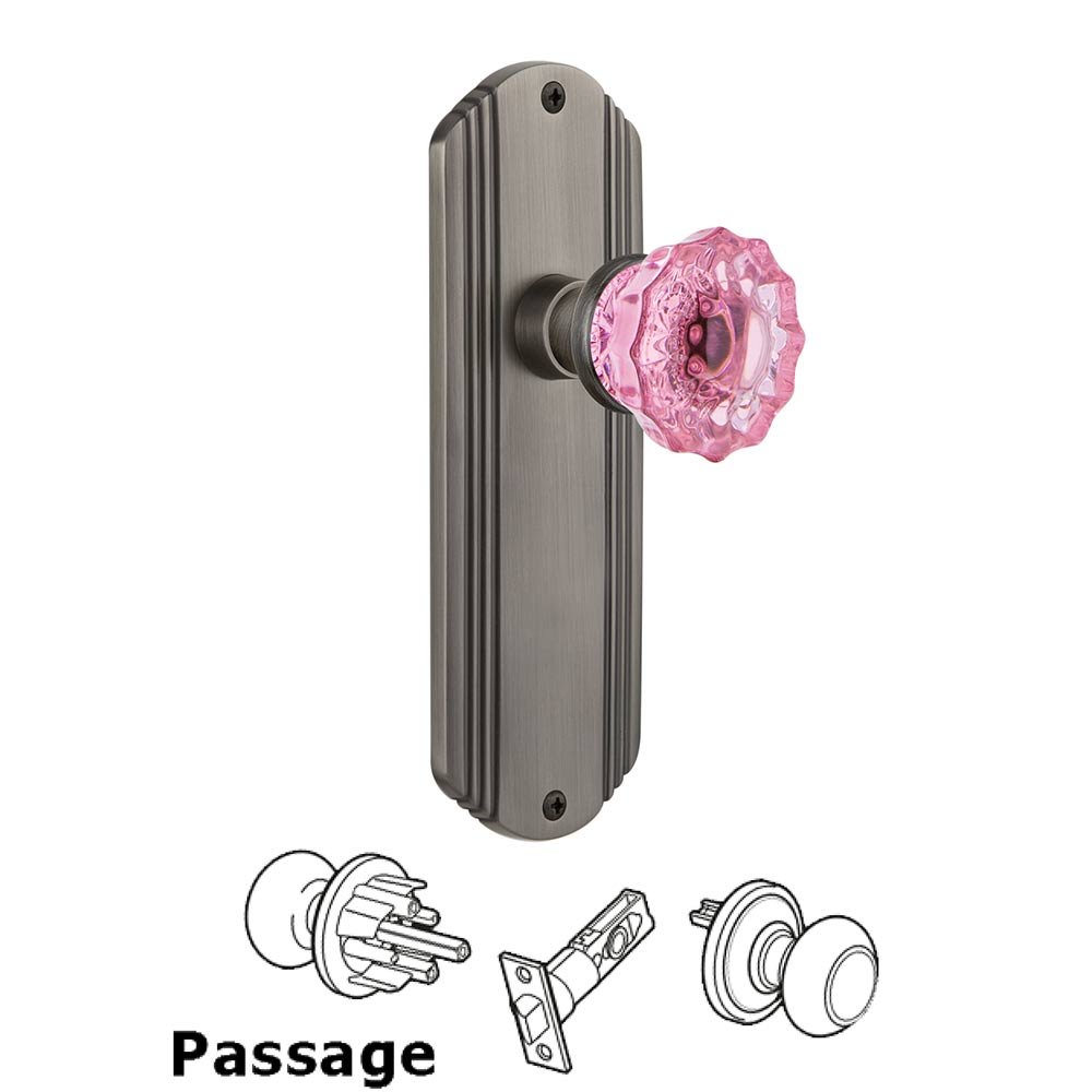 Nostalgic Warehouse - Passage - Deco Plate Crystal Pink Glass Door Knob in Antique Pewter