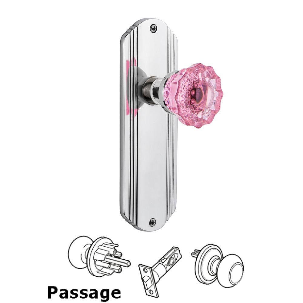 Nostalgic Warehouse - Passage - Deco Plate Crystal Pink Glass Door Knob in Bright Chrome