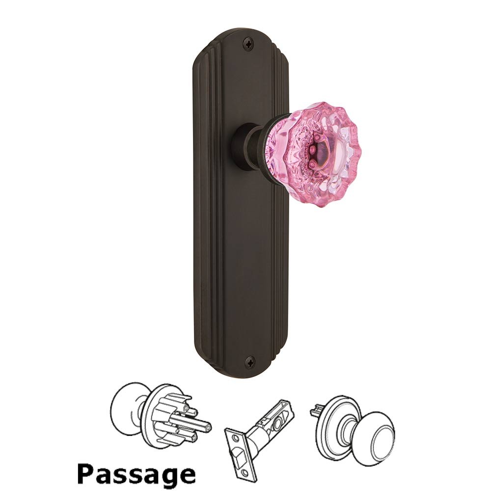 Nostalgic Warehouse - Passage - Deco Plate Crystal Pink Glass Door Knob in Oil-Rubbed Bronze