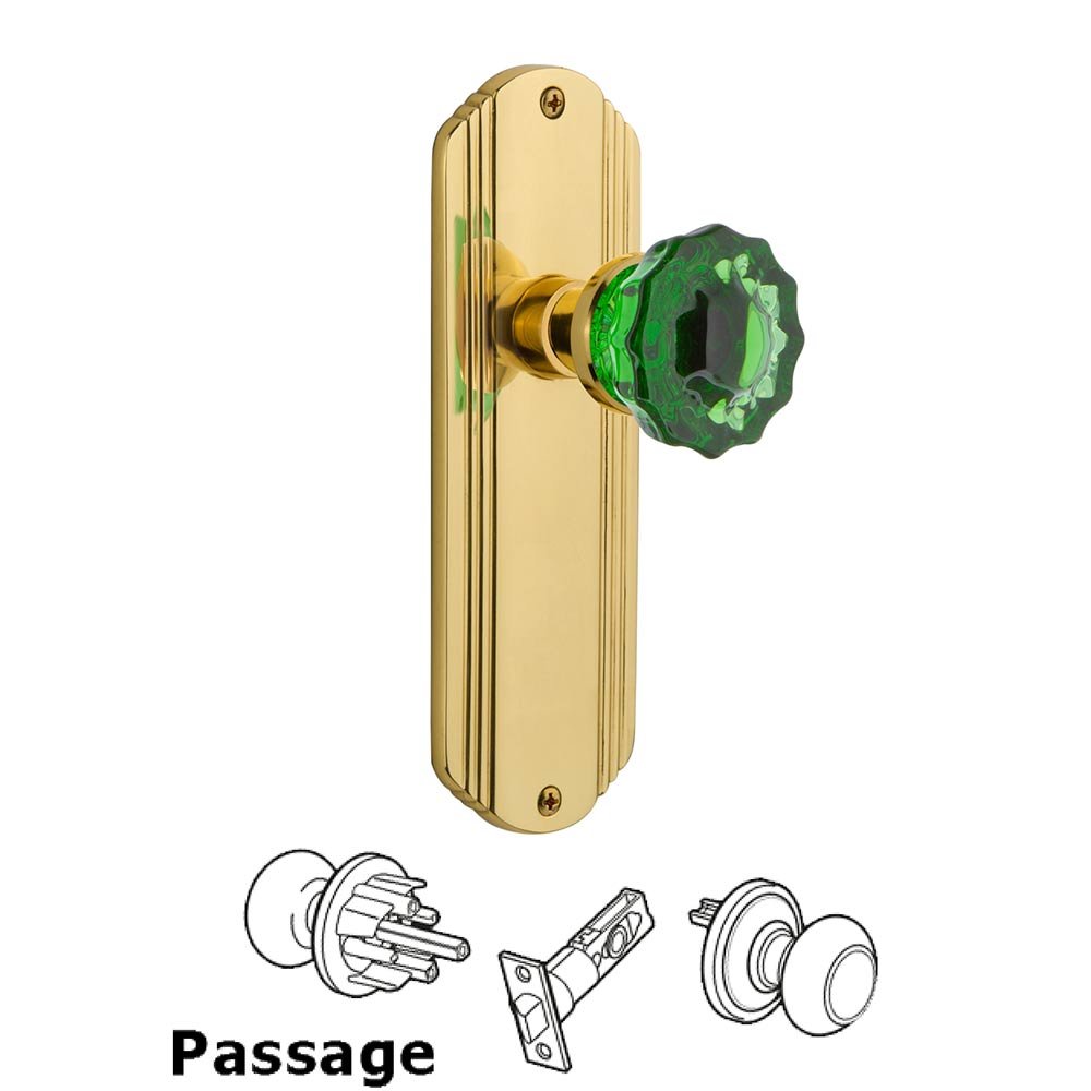 Nostalgic Warehouse - Passage - Deco Plate Crystal Emerald Glass Door Knob in Polished Brass