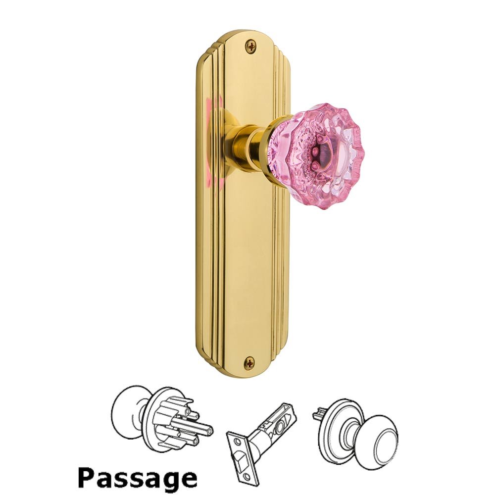 Nostalgic Warehouse - Passage - Deco Plate Crystal Pink Glass Door Knob in Unlaquered Brass