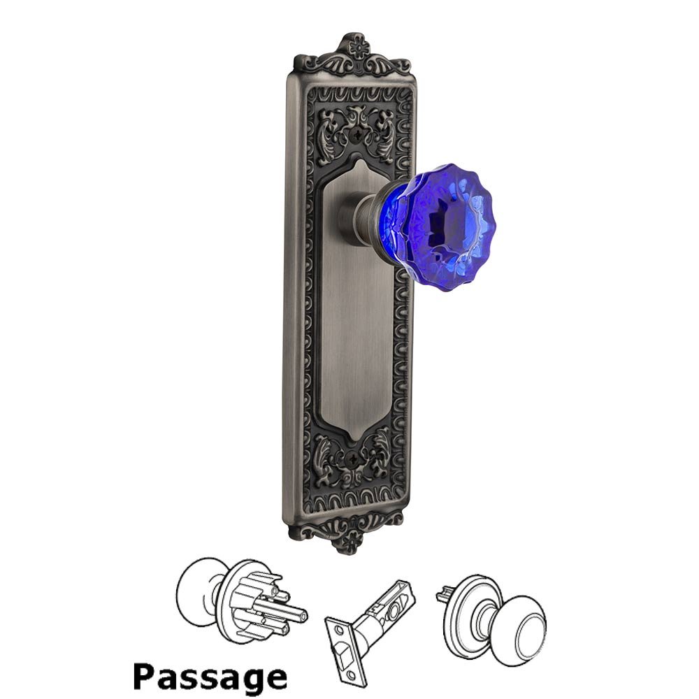 Nostalgic Warehouse - Passage - Egg & Dart Plate Crystal Cobalt Glass Door Knob in Antique Pewter