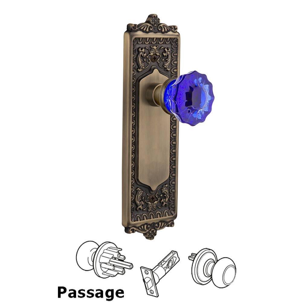 Nostalgic Warehouse - Passage - Egg & Dart Plate Crystal Cobalt Glass Door Knob in Antique Brass