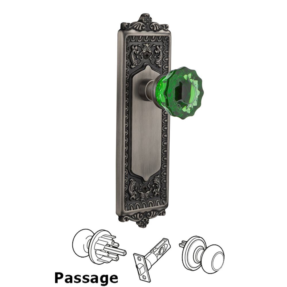 Nostalgic Warehouse - Passage - Egg & Dart Plate Crystal Emerald Glass Door Knob in Antique Pewter