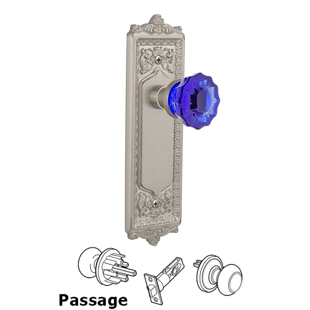 Nostalgic Warehouse - Passage - Egg & Dart Plate Crystal Cobalt Glass Door Knob in Satin Nickel