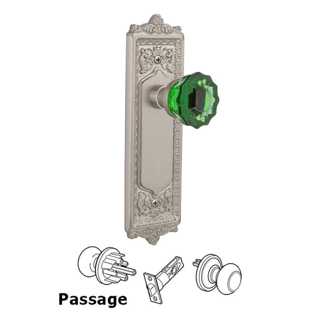 Nostalgic Warehouse - Passage - Egg & Dart Plate Crystal Emerald Glass Door Knob in Satin Nickel