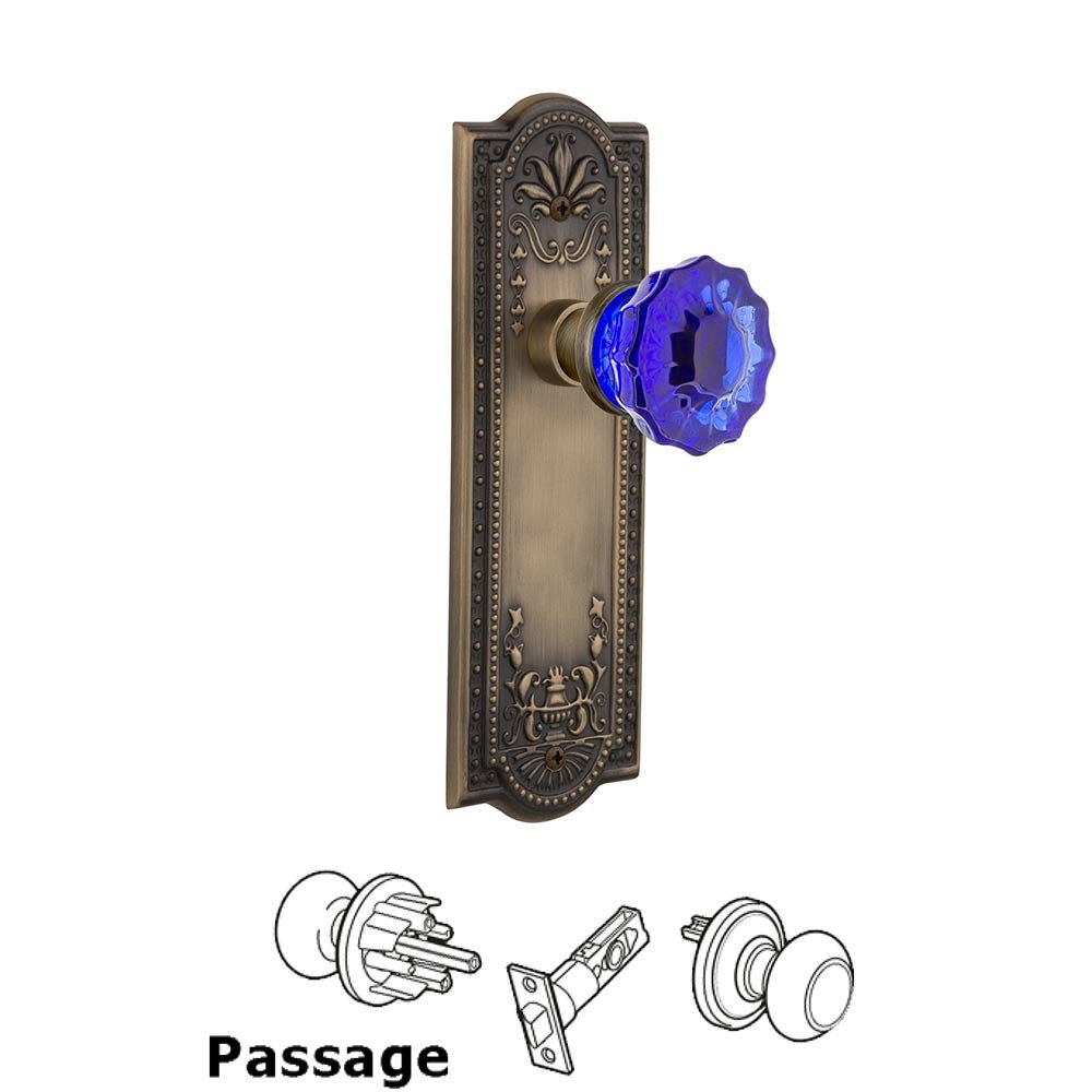 Nostalgic Warehouse - Passage - Meadows Plate Crystal Cobalt Glass Door Knob in Antique Brass