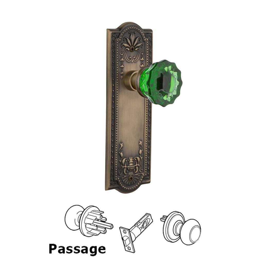 Nostalgic Warehouse - Passage - Meadows Plate Crystal Emerald Glass Door Knob in Antique Brass