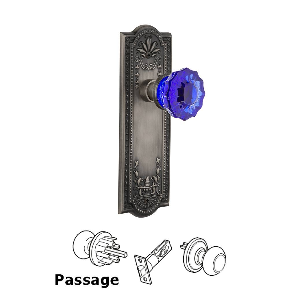 Nostalgic Warehouse - Passage - Meadows Plate Crystal Cobalt Glass Door Knob in Antique Pewter