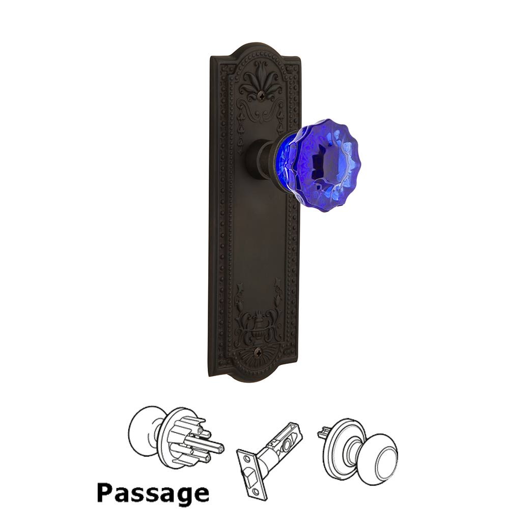 Nostalgic Warehouse - Passage - Meadows Plate Crystal Cobalt Glass Door Knob in Oil-Rubbed Bronze