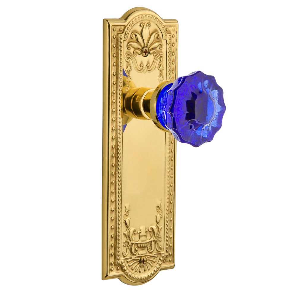 Nostalgic Warehouse - Passage - Meadows Plate Crystal Cobalt Glass Door Knob in Polished Brass