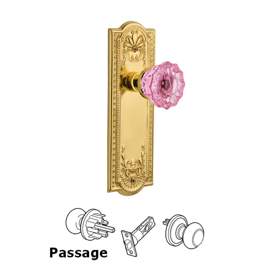 Nostalgic Warehouse - Passage - Meadows Plate Crystal Pink Glass Door Knob in Unlaquered Brass