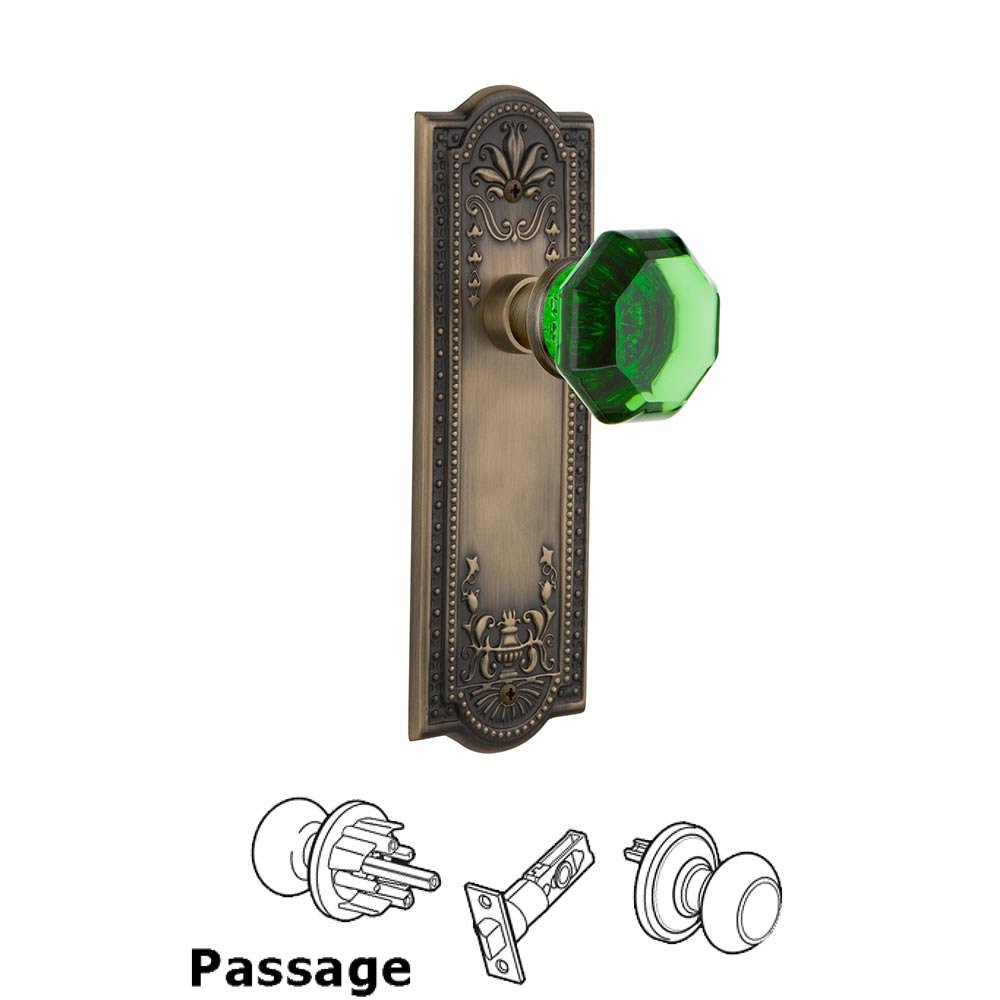 Nostalgic Warehouse - Passage - Meadows Plate Waldorf Emerald Door Knob in Antique Brass