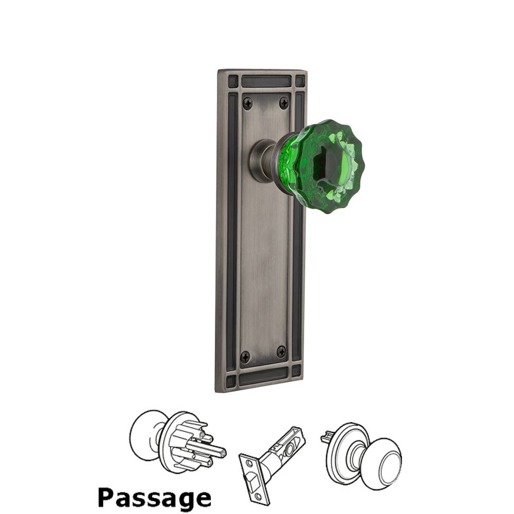 Nostalgic Warehouse - Passage - Mission Plate Crystal Emerald Glass Door Knob in Antique Pewter