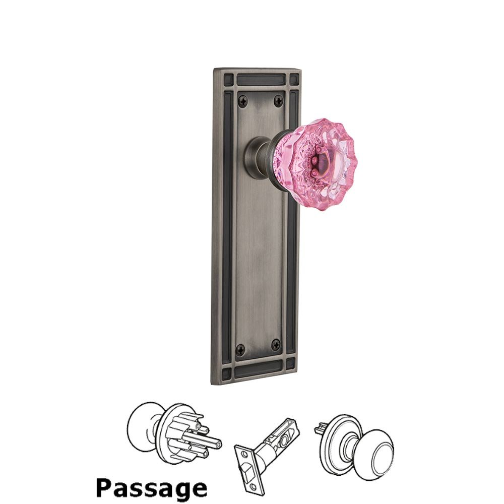 Nostalgic Warehouse - Passage - Mission Plate Crystal Pink Glass Door Knob in Antique Pewter