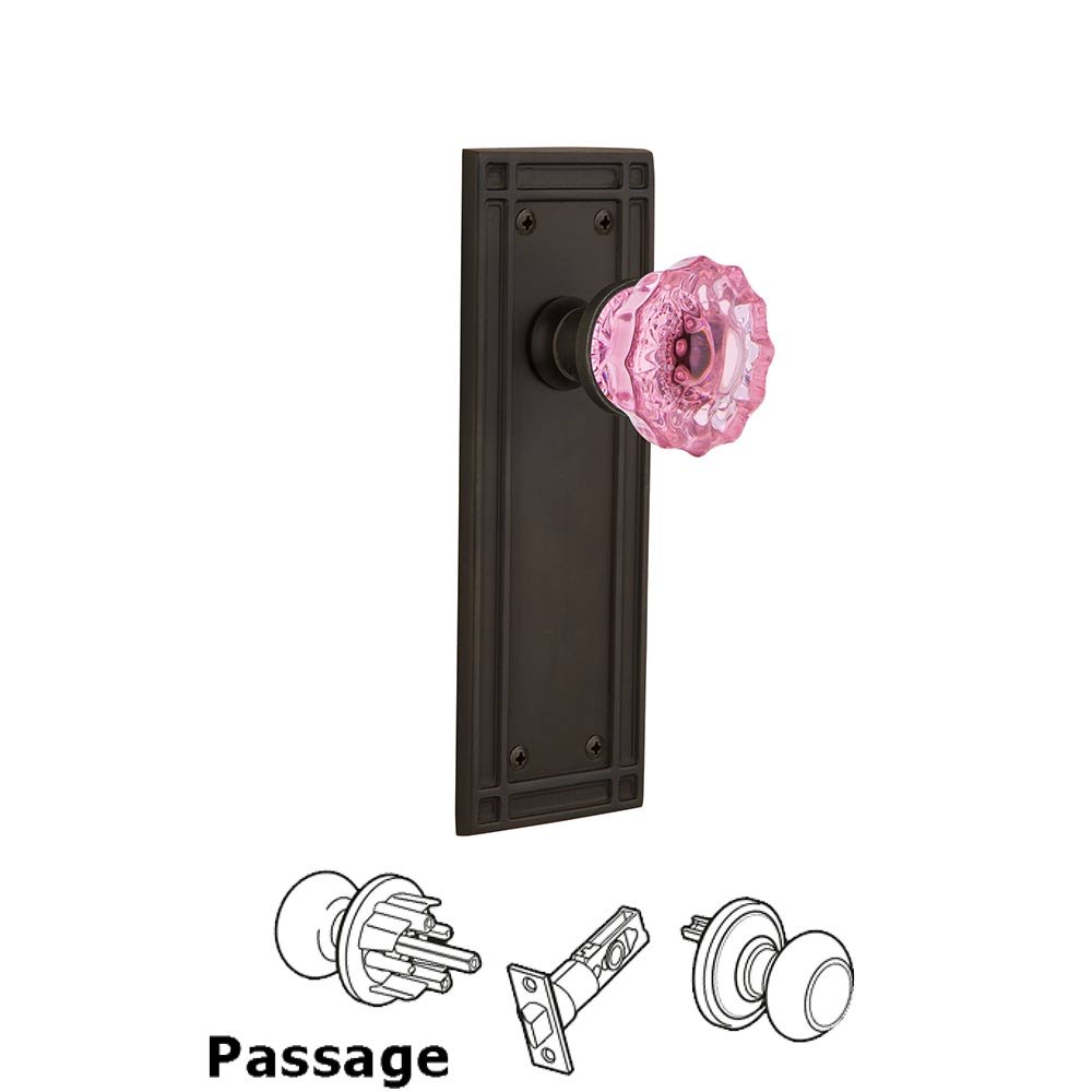 Nostalgic Warehouse - Passage - Mission Plate Crystal Pink Glass Door Knob in Oil-Rubbed Bronze