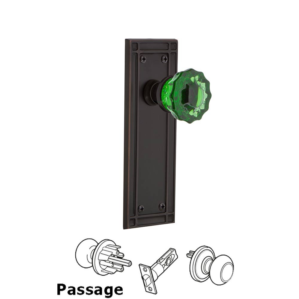Nostalgic Warehouse - Passage - Mission Plate Crystal Emerald Glass Door Knob in Timeless Bronze